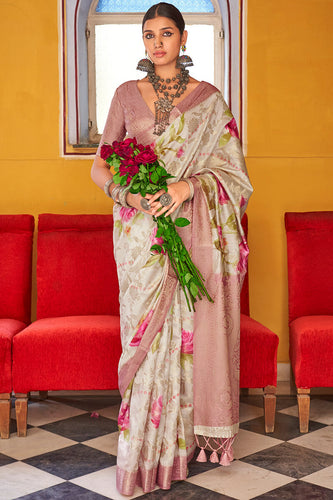 Beautiful Beige Digital Printed Cotton Silk Saree With Desuetude Blouse Piece
