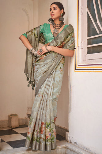 Dalliance Light Pista Digital Printed Cotton Silk Saree With Sensational Blouse Piece