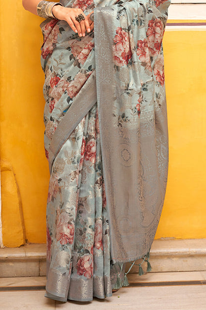 Amazing Grey Digital Printed Cotton Silk Saree With Enigmatic Blouse Piece