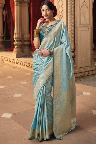 Stunning Sky Banarasi Satin Silk Saree With Energetic Blouse