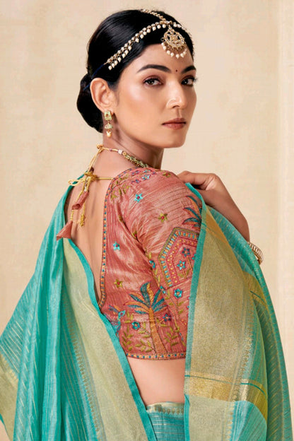 Posh Firozi Cotton Silk Saree With Excellent Blouse Piece