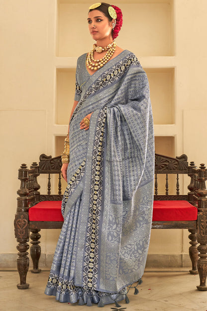 Trendy Silver Digital Printed Soft Silk Saree With Glorious Blouse Piece