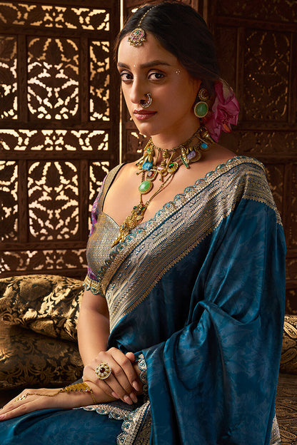 Quintessential Navy Blue Soft Banarasi Silk Saree With Blissful Blouse Piece