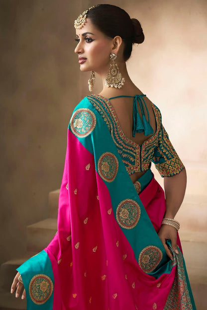 Nectarous Dark Pink Banarasi Satin Silk Saree With Blooming Blouse