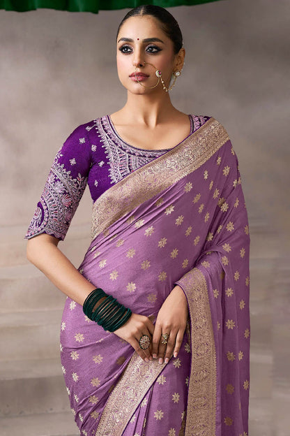 Eclat Lavender Banarasi Satin Silk Saree With Incredible Blouse