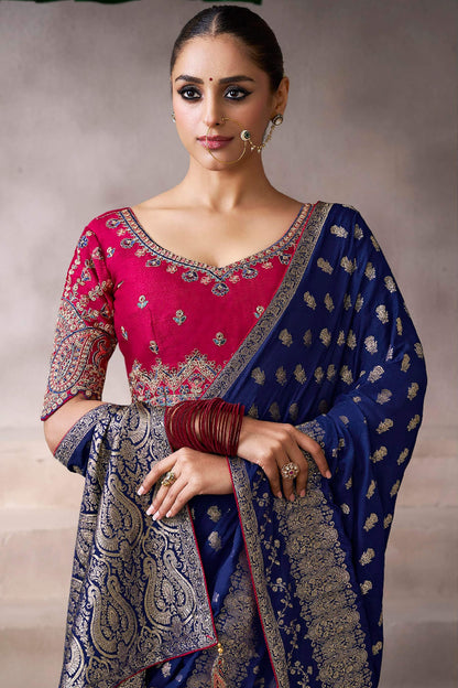 Denouement Navy Blue Banarasi Satin Silk Saree With Lissome Blouse