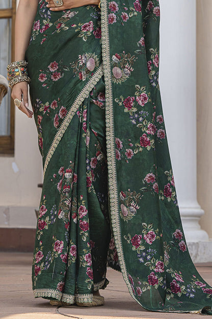 Ratatouille Dark Green Printed Pure Viscose Dola Silk Saree With Exquisite Blouse Piece