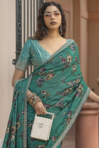 Unique Rama Printed Pure Viscose Dola Silk Saree With Allure Blouse Piece