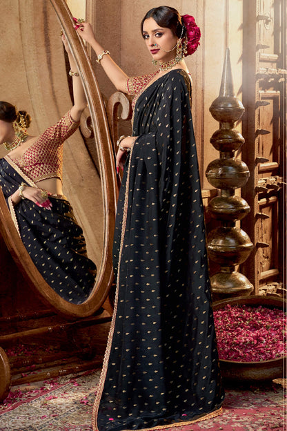 Deserving Black Pure Viscose Crape Silk Saree With Glowing Blouse Piece