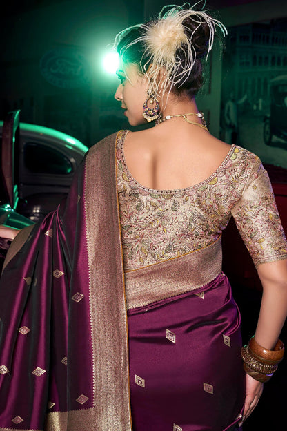 Symmetrical Wine Soft Banarasi Silk Saree With Evocative Blouse Piece
