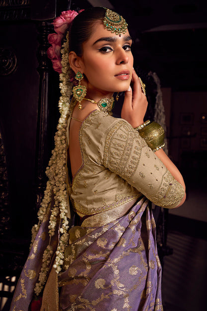 Invaluable Lavender Pure Viscose Tissue Banrasi Silk Saree With Groovy Blouse Piece