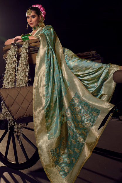 Blissful Sea Green Pure Viscose Tissue Banrasi Silk Saree With Glowing Blouse Piece