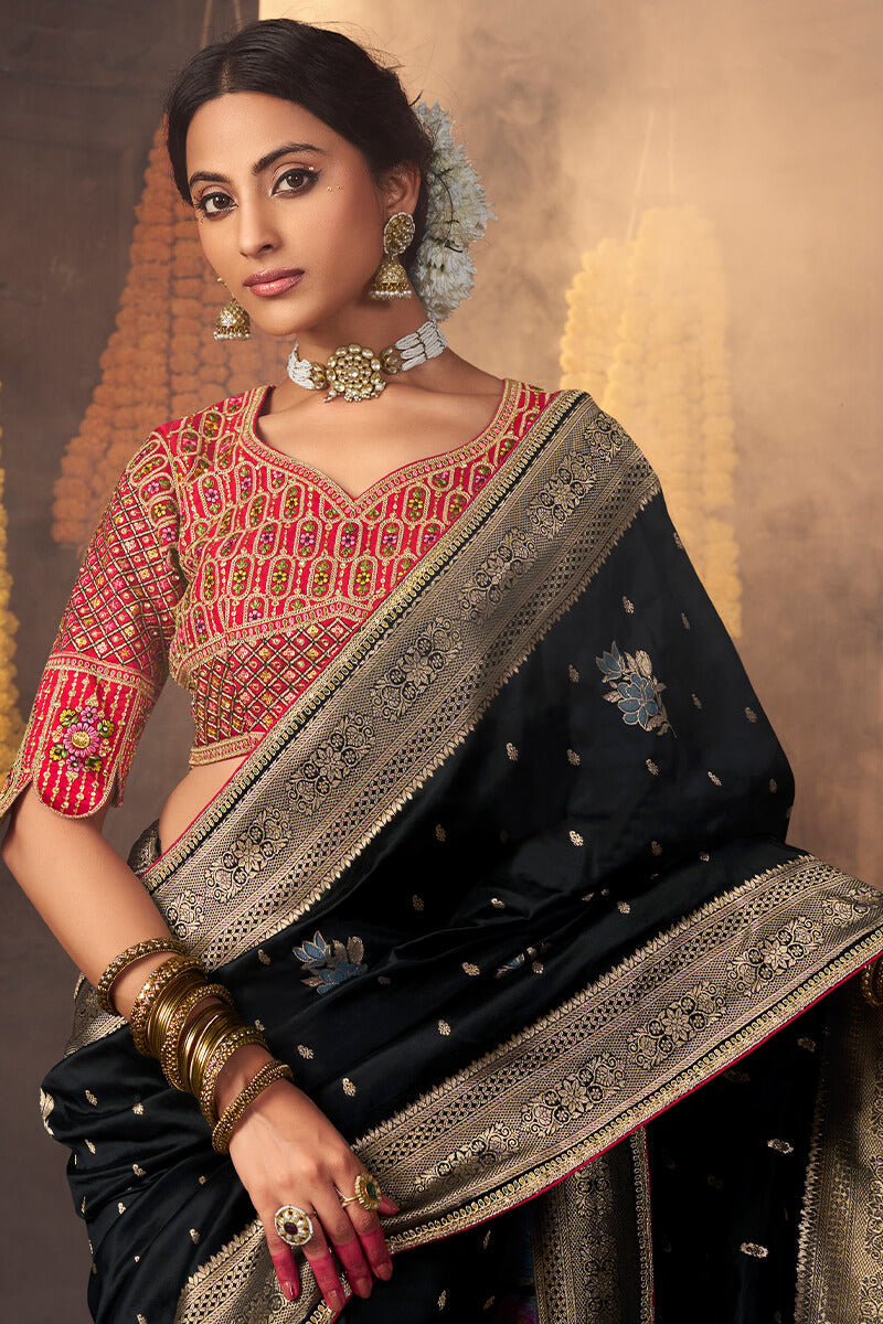 Scintillating Black Pure Viscose Dola Silk Saree With Lassitude Blouse Piece