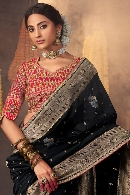 Scintillating Black Pure Viscose Dola Silk Saree With Lassitude Blouse Piece