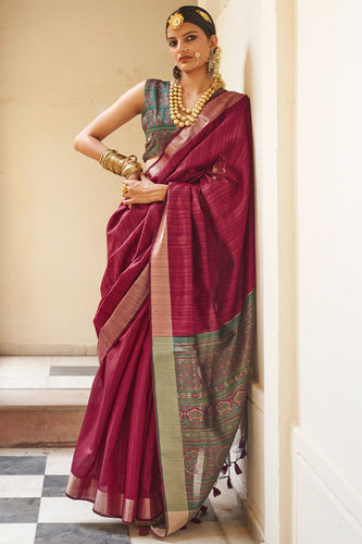 Captivating Wine Cotton Silk Saree With Nemesis Blouse Piece