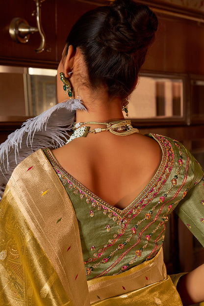 Elaborate Mustard Paithani Silk Saree With Serendipity Blouse Piece