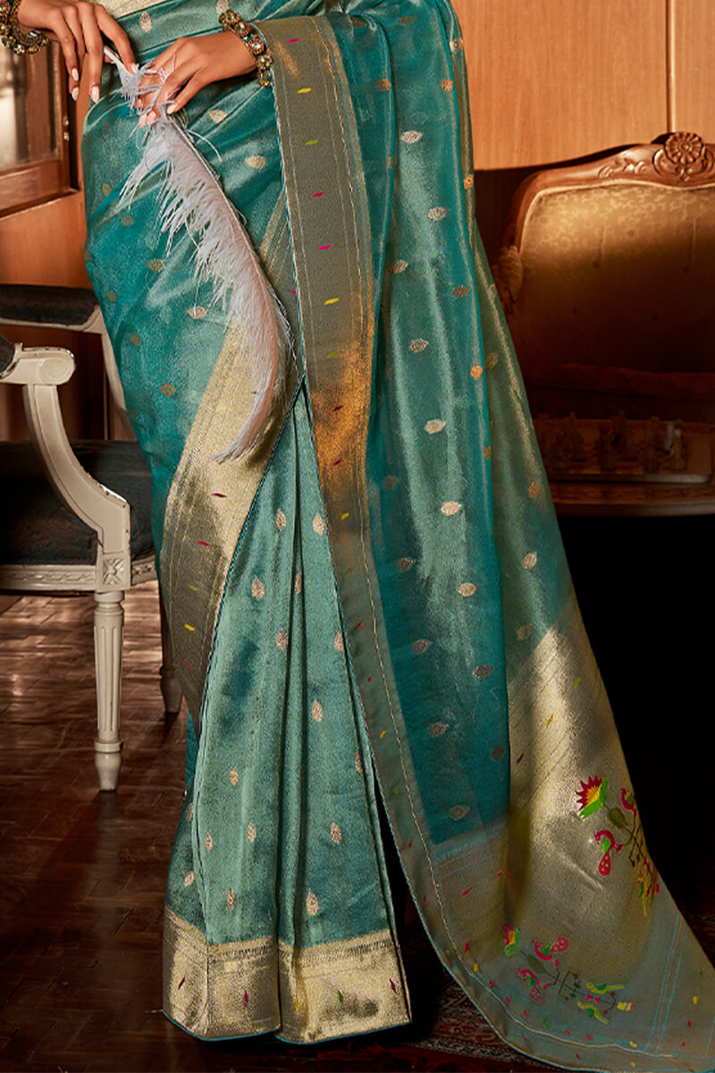 Splendorous Turquoise Paithani Silk Saree With Appealing Blouse Piece