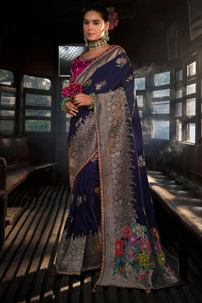 Smashing Navy Blue Pure Viscose Dola Silk Saree With Smart Blouse Piece