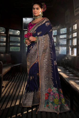 Smashing Navy Blue Pure Viscose Dola Silk Saree With Smart Blouse Piece