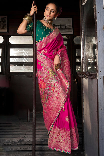 Sempiternal Dark Pink Pure Viscose Dola Silk Saree With Stylish Blouse Piece