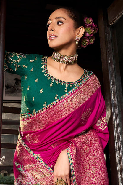 Sempiternal Dark Pink Pure Viscose Dola Silk Saree With Stylish Blouse Piece