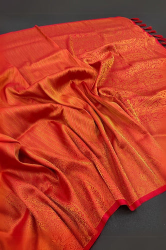 Brood Orange Kanjivaram Silk Saree With Diaphanous Blouse Piece
