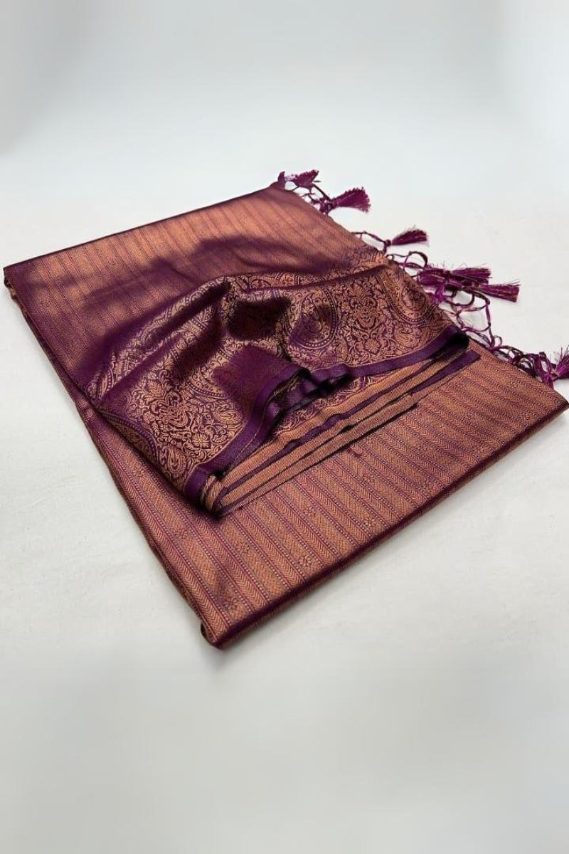 Symmetrical Wine Kanjivaram Silk Saree With Fragrant Blouse Piece