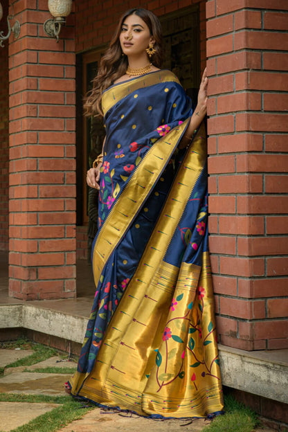 Invaluable Navy Blue Paithani Silk Saree With Girlish Blouse Piece