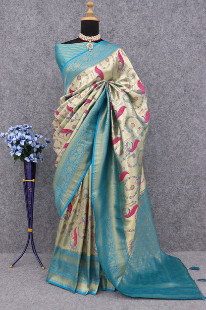Unique Beige Digital Printed Soft Silk Saree With Appealing Blouse Piece