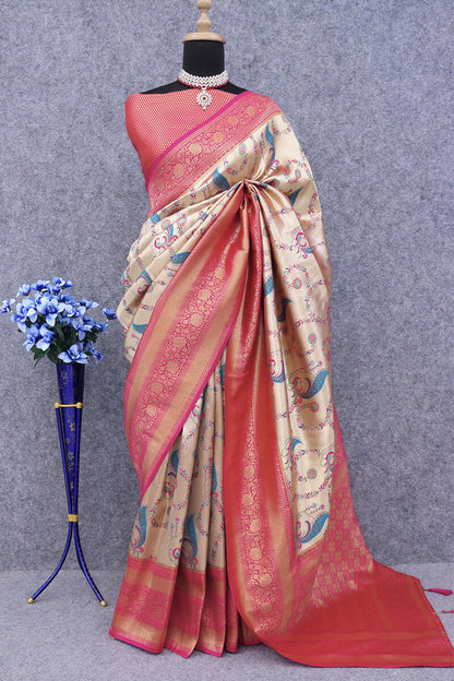 Preferable Beige Digital Printed Soft Silk Saree With Fairytale Blouse Piece