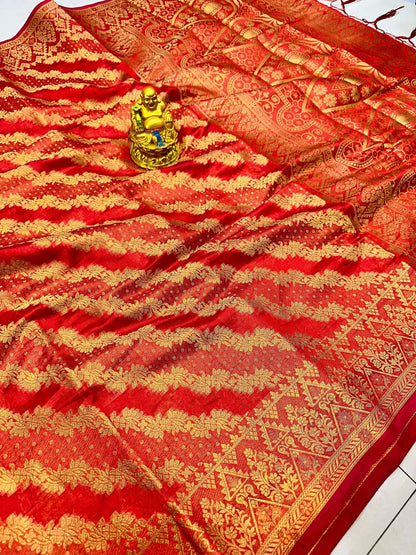 Desiring Red Organza Silk Saree With Adorable  Blouse Piece