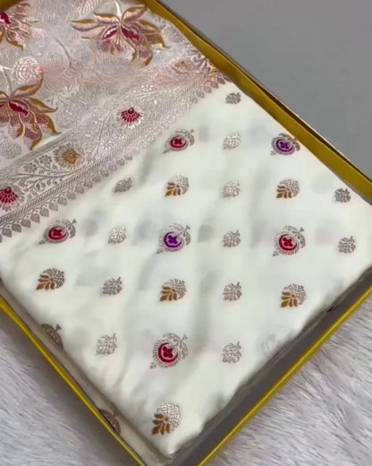 Mrinalini – White Satin Mashru Banarasi Saree with Meena Buta and Floral Zari Pallu