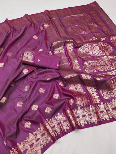 Smart Purple Soft Banarasi Silk Saree With Skinny Blouse Piece