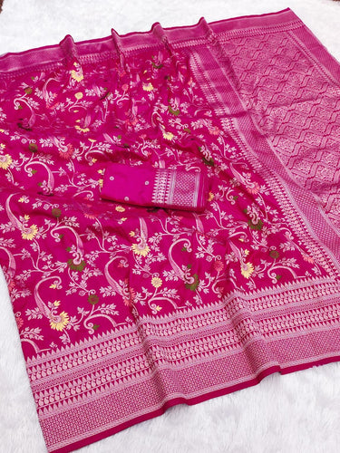 Resonant Dark Pink Soft Banarasi Silk Saree With Elaborate Blouse Piece