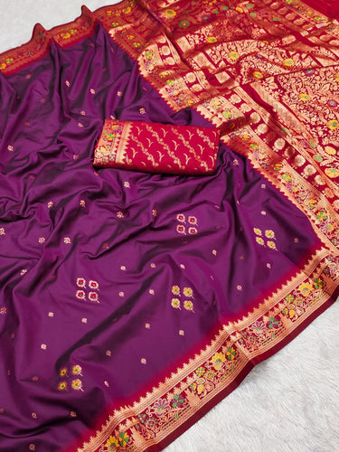 Staring Wine Soft Banarasi Silk Saree With Devastating Blouse Piece