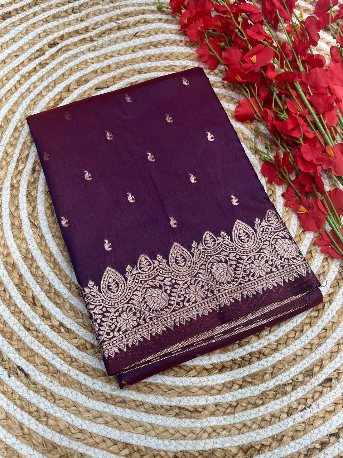 Dulcet Wine Soft Banarasi Silk Saree With Wonderful Blouse Piece