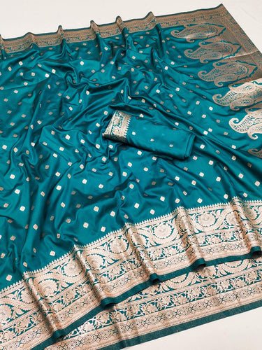 Chatoyant Rama Soft Banarasi Silk Saree With Refreshing Blouse Piece