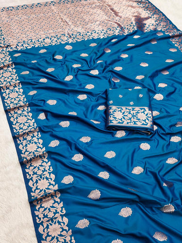 Flattering Firozi Soft Banarasi Silk Saree With Desuetude Blouse Piece