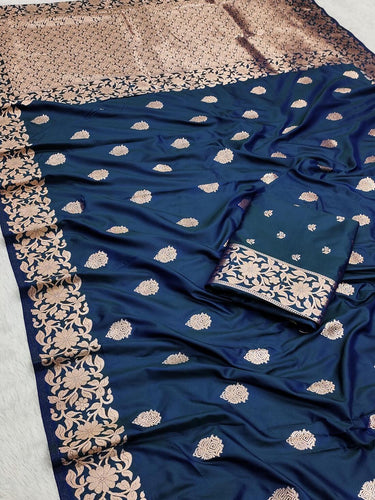 Adorable Teal Blue Soft Banarasi Silk Saree With Lagniappe Blouse Piece
