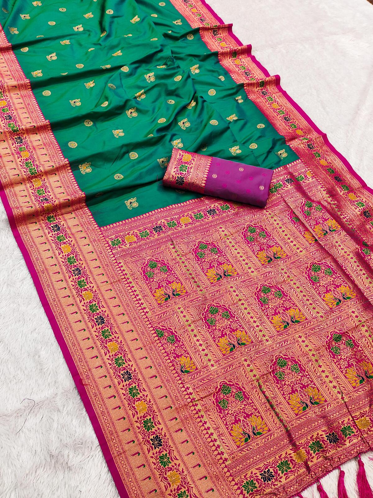 Propinquity Green Paithani Silk Saree With Grandiose Blouse Piece