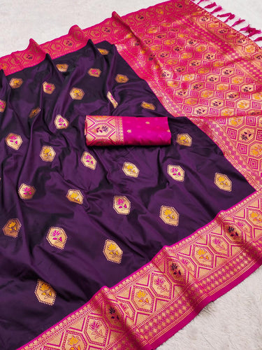 Beauteous Wine Soft Banarasi Silk Saree With Brood Blouse Piece