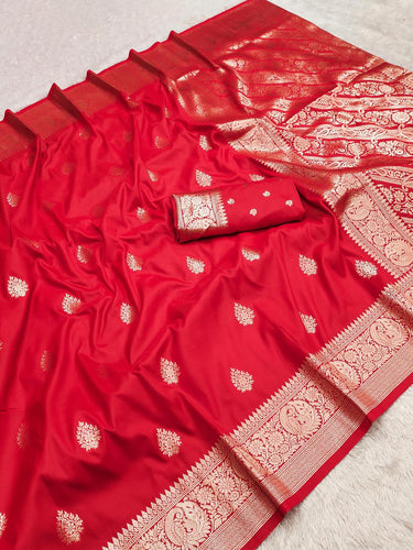 Rhapsody Red Soft Banarasi Silk Saree With Artistic Blouse Piece