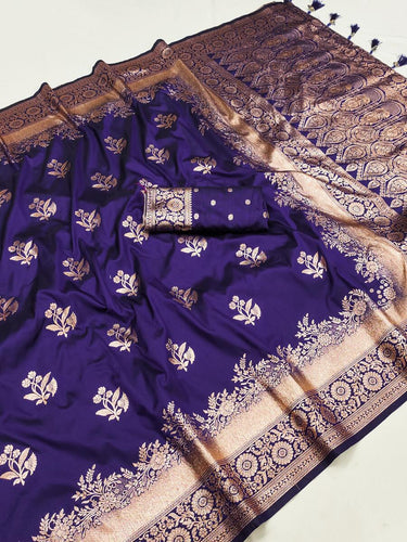 Exquisite Navy Blue Soft Banarasi Silk Saree With Desultory Blouse Piece