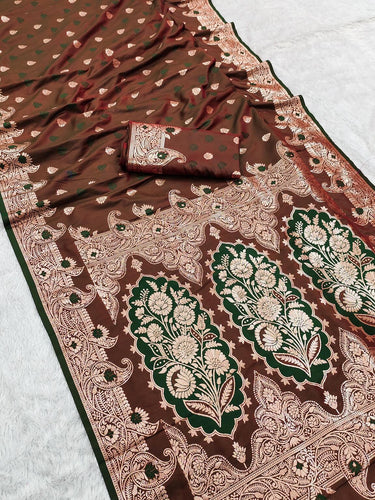 Lovely Brown Soft Banarasi Silk Saree With Cynosure Blouse Piece