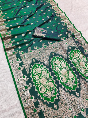Engrossing Rama Soft Banarasi Silk Saree With Adorable Blouse Piece