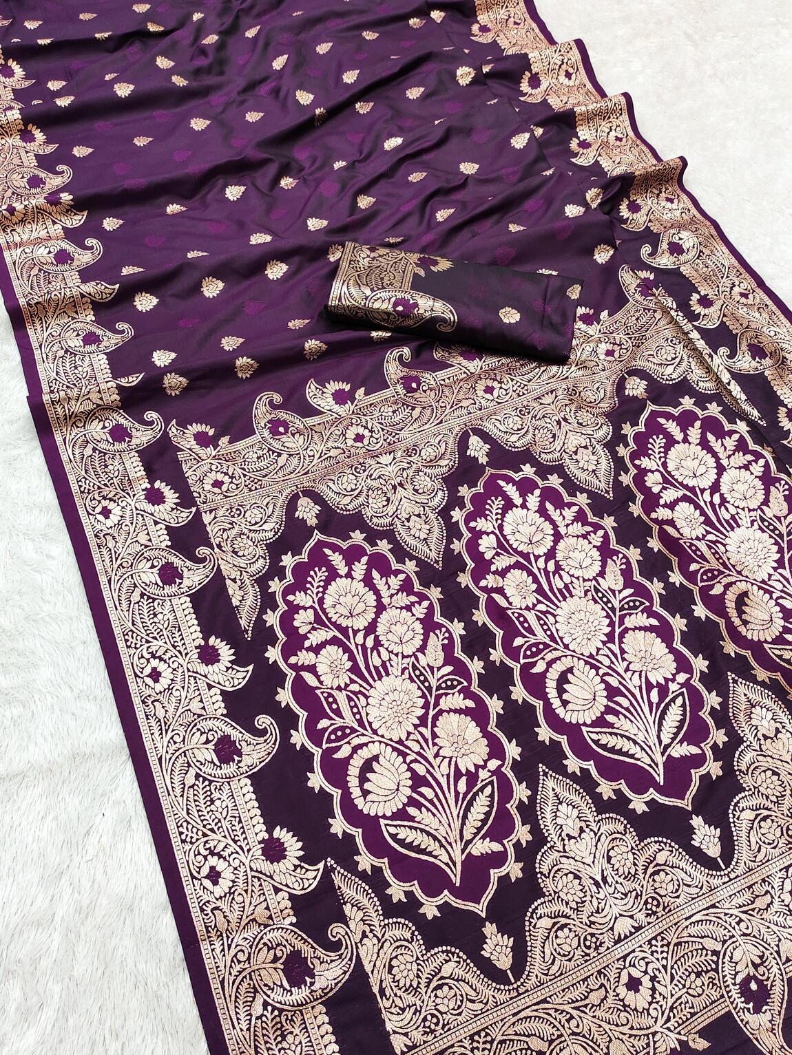 Energetic Wine Soft Banarasi Silk Saree With Dazzling Blouse Piece