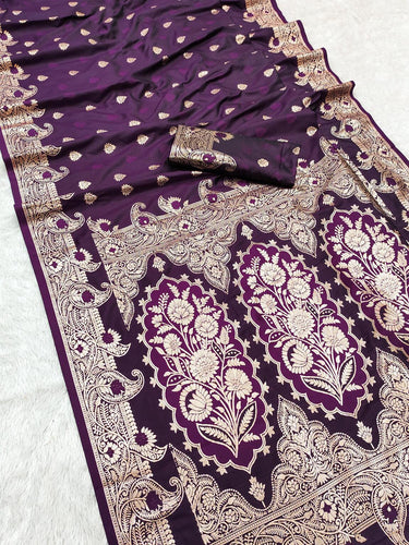 Energetic Wine Soft Banarasi Silk Saree With Dazzling Blouse Piece