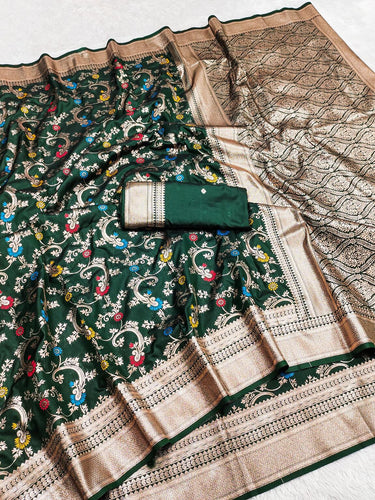 Prodigal Dark Green Soft Banarasi Silk Saree With Ornate Blouse Piece
