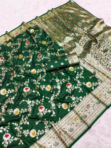 Groovy Dark Green Soft Banarasi Silk Saree With Amiable Blouse Piece