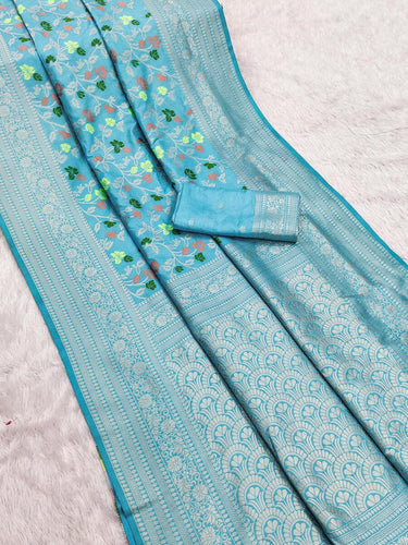 Designer Firozi Soft Banarasi Silk Saree With Dulcet Blouse Piece